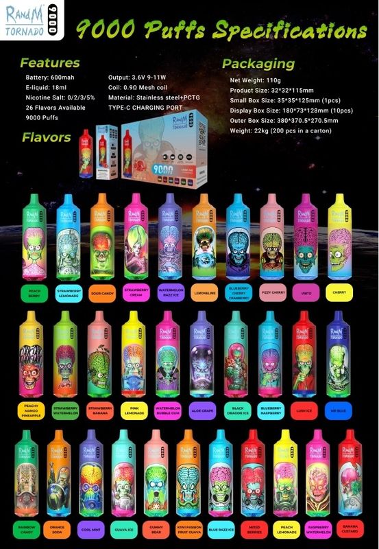 Disposable Electronic Cigarette RandM Tornado 9000 18ML Mesh Coil Rechargeable Multi Flavors